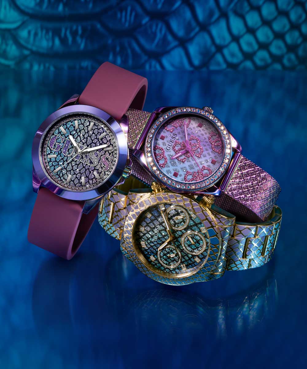 GUESS Ladies Blue Purple Gold Tone Multi-function Watch - Image 4