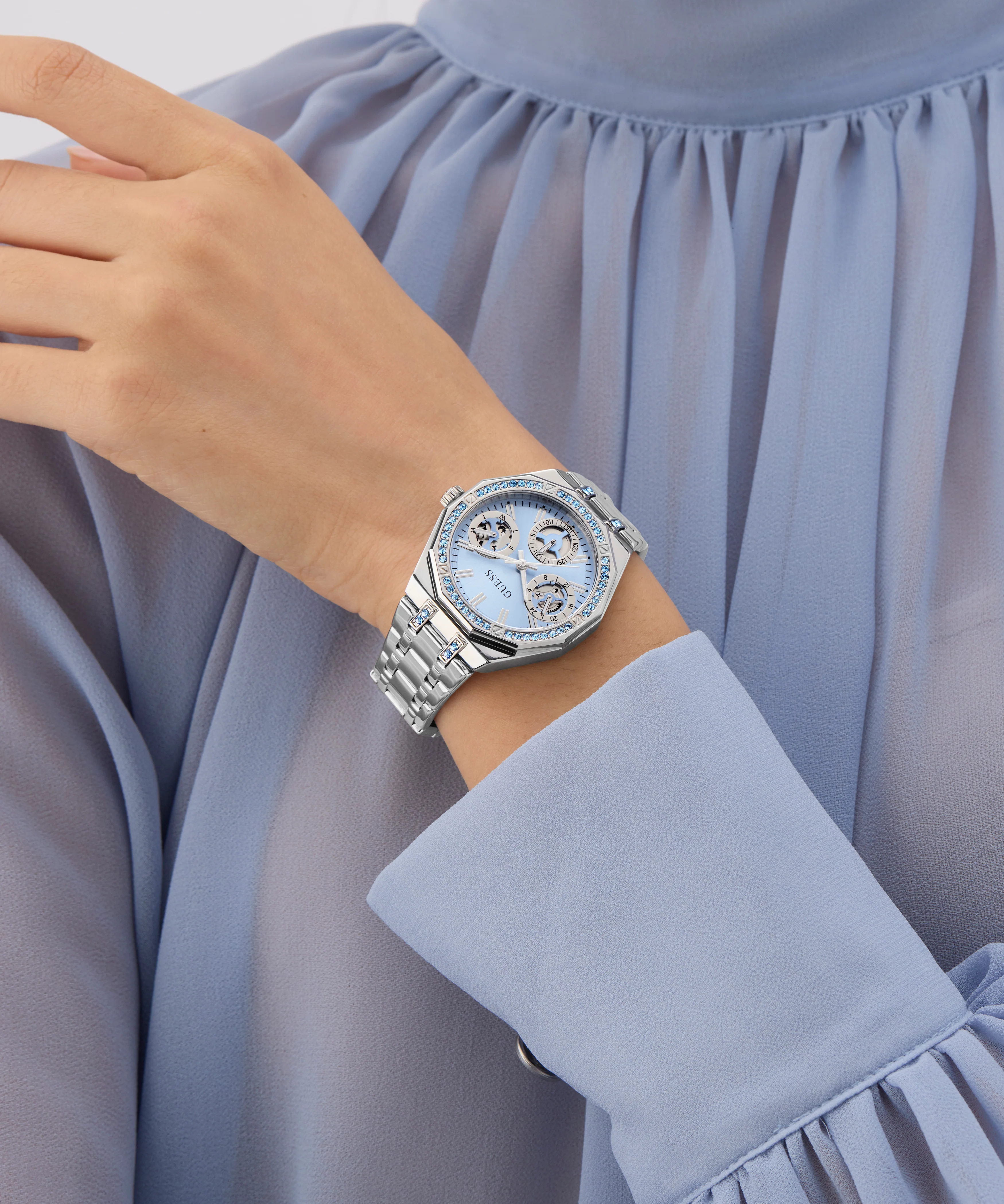 GUESS Ladies Silver Tone Multi-function Watch with Swarovski ReCreated™ crystals - Image 5